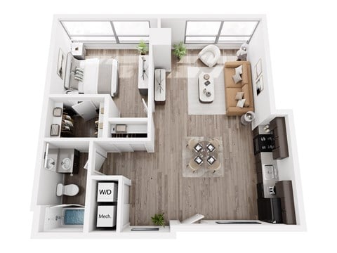 Floor plan for 1 bed, 1 bath, 762 sqft